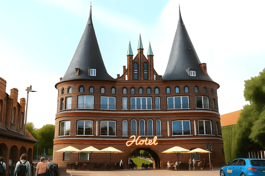 KI-generiertes Bild des Holstentors in Lübeck. Der Schriftzug "Hotel" prangt mittig über dem Tor und davor sind Sonnenschirme und Sitzgelegenheiten aufgebaut.