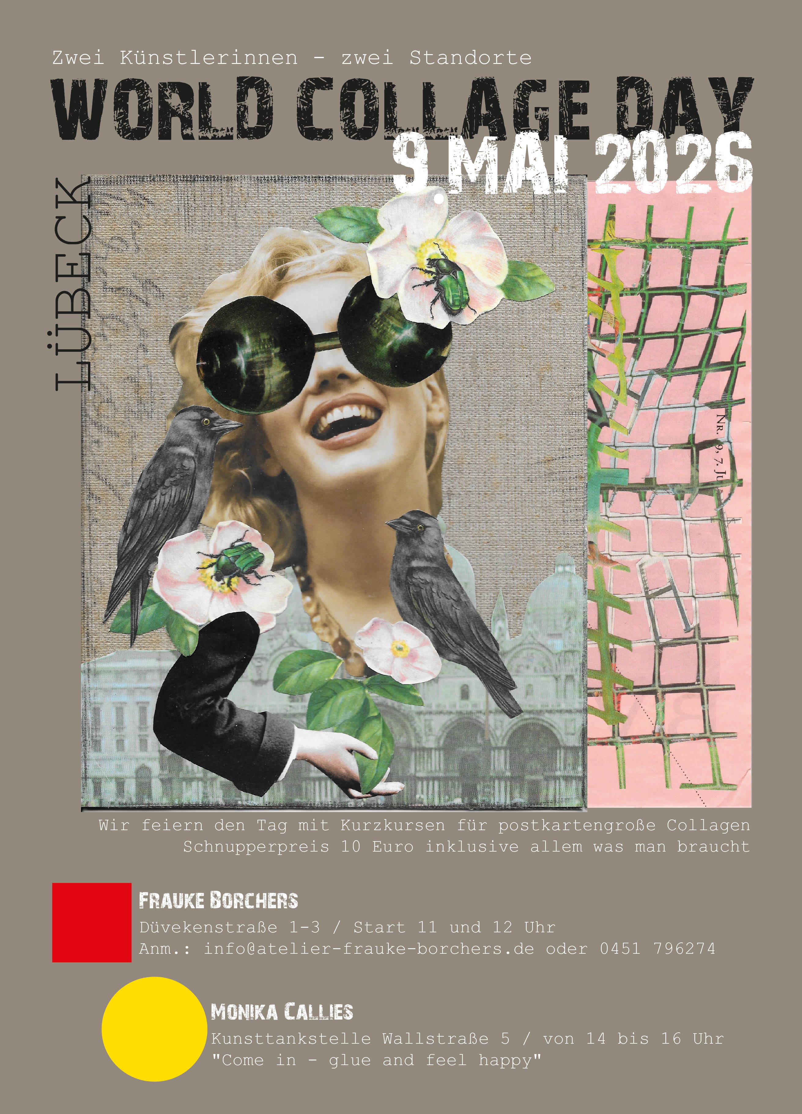 Ein Plakat zum "World Collage Day" am 09. Mai 2026; Es zeigt eine quadratische Collage einer lächelnden Frau mit Sonnenbrille, Blumen im Haar und einem Raben auf der Schulter.